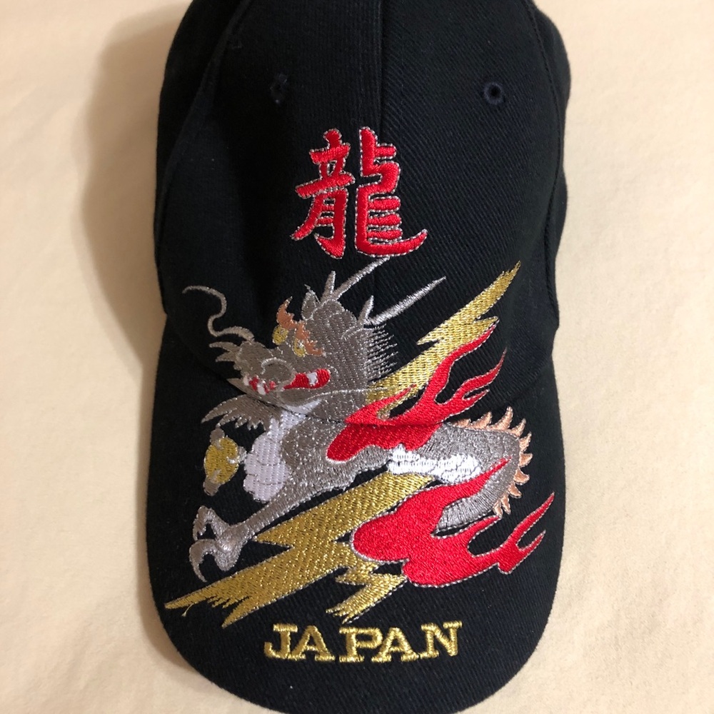 Japan Dragon Embroidered Adjustable Cap Baseball Hat Black Red Gold 90’s